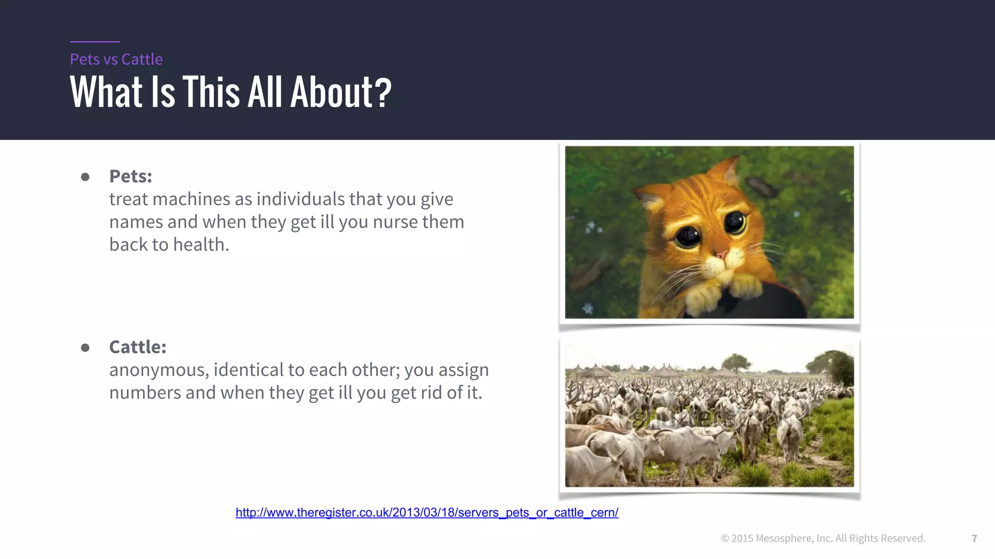 © 2015 Mesosphere, Inc. All Rights Reserved.
What Is This All About?
Pets vs Cattle
● Pets:
treat machines as individuals that you give
names and when they get ill you nurse them
back to health.
● Cattle:
anonymous, identical to each other you assign
numbers and when they get ill you get rid of it.
http://www.theregister.co.uk/2013/03/18/servers_pets_or_cattle_cern/
7
 