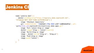 85
Jenkins CI
node('jenkins-dnd') {
docker.withRegistry('https://registry.demo.express42.net',
'5ffddaa8-50f7-4b97-910d-dc476707e1dd') {
stage 'Checkout repository'
git credentialsId: '19da5a63-278a-4664-a187-5a804d6e033a', url:
'git@github.com:express42/microservices-demo-apps.git'
stage 'Pull latest blog-ui image'
docker.image('blog-ui:latest').pull()
stage 'Build blog-ui image'
image = docker.build('blog-ui', 'blog_ui')
stage 'Push blog-ui image'
image.push('latest')
}
}
 