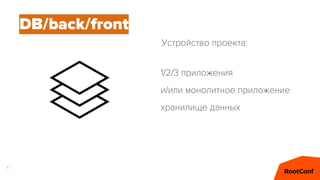 6
1/2/3 приложения
и/или монолитное приложение
хранилище данных
DB/back/front
Устройство проекта:
 