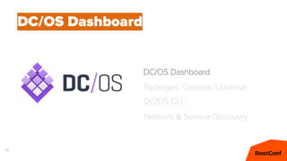 62
DC/OS Dashboard
DC/OS CLI
Network & Service Discovery
DC/OS Dashboard
Packages: Cosmos, Universe
 