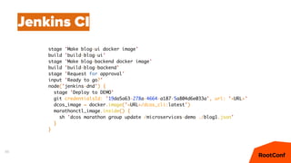 86
Jenkins CI
stage 'Make blog-ui docker image'
build 'build-blog-ui'
stage 'Make blog-backend docker image'
build 'build-blog-backend'
stage 'Request for approval'
input 'Ready to go?'
node('jenkins-dnd') {
stage 'Deploy to DEMO'
git credentialsId: '19da5a63-278a-4664-a187-5a804d6e033a', url: '<URL>'
dcos_image = docker.image('<URL>/dcos_cli:latest')
marathonctl_image.inside() {
sh 'dcos marathon group update /microservices-demo ./blog1.json'
}
}
 