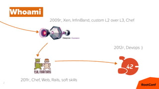 2
Whoami
2009г, Xen, InﬁniBand, custom L2 over L3, Chef
2012г, Devops :)
2011г, Chef, Web, Rails, soft skills
 
