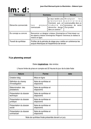 Jean-Paul Moiraud Lycée La Martinière - Diderot Lyon




     Thématique                              Contenu                                Rendu

                                             Je veux vendre une             Analyser          les
                                             prestation.                    c o n t r a i n t e s
                                             Comment puis je                contractuelles dans un
Démarche commerciale        Les       enjeux traduire ma                    processus de vente
                            contractuels     démarche design                d’un produit
                                             dans un contrat ?

Du concept au concret       Rencontrer un designer créateur d’entreprise et l’interviewer sur
                            les aspects création d’entreprise. Préparer l’entrevue, la réaliser, la
                            mettre en ligne.

Travail de synthèse         Proﬁter de la période de stage pour mettre en cohérence les
                            acquis théoriques et lʼexpérience de terrain




7.Le planning annuel


                              Dates impératives des rendus

        Lʼheure limite de prise en compte est 22 heures le jour de la date ﬁxée

          Nature                             Forme                                date

Création blog                   Mise en ligne

Déﬁnition du champ              Note de synthèse et
dʼinvestigation                 diaporama

Détermination des               Note de synthèse et
prestations                     diaporama

Présentation du dossier         Note de synthèse et
technique                       diaporama

Présentation du dossier         Note de synthèse et
juridique                       diaporama

Présentation du dossier         Note de synthèse et
social                          diaporama

Présentation du dossier         Note de synthèse et
contractuel                     diaporama

                      Note de synthèse ﬁnale présentée devant un jury
 