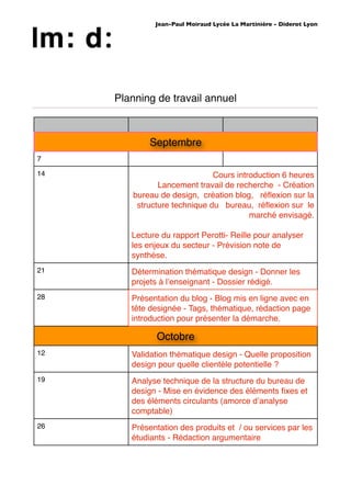 Jean-Paul Moiraud Lycée La Martinière - Diderot Lyon




     Planning de travail annuel



             Septembre
7

14                            Cours introduction 6 heures
               Lancement travail de recherche - Création
        bureau de design, création blog, réﬂexion sur la
         structure technique du bureau, réﬂexion sur le
                                        marché envisagé.

        Lecture du rapport Perotti- Reille pour analyser
        les enjeux du secteur - Prévision note de
        synthèse.
21      Détermination thématique design - Donner les
        projets à lʼenseignant - Dossier rédigé.
28      Présentation du blog - Blog mis en ligne avec en
        tête designée - Tags, thématique, rédaction page
        introduction pour présenter la démarche.

               Octobre
12      Validation thématique design - Quelle proposition
        design pour quelle clientèle potentielle ?
19      Analyse technique de la structure du bureau de
        design - Mise en évidence des éléments ﬁxes et
        des éléments circulants (amorce dʼanalyse
        comptable)
26      Présentation des produits et / ou services par les
        étudiants - Rédaction argumentaire
 