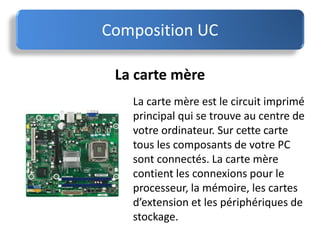 Composition UC
La carte mère
La carte mère est le circuit imprimé
principal qui se trouve au centre de
votre ordinateur. Sur cette carte
tous les composants de votre PC
sont connectés. La carte mère
contient les connexions pour le
processeur, la mémoire, les cartes
d’extension et les périphériques de
stockage.
 