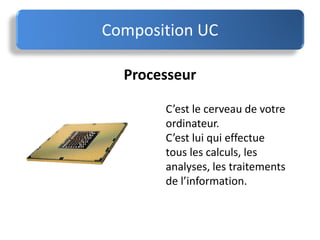 Processeur
C’est le cerveau de votre
ordinateur.
C’est lui qui effectue
tous les calculs, les
analyses, les traitements
de l’information.
Composition UC
 
