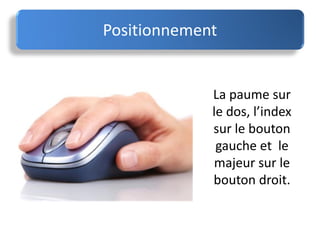 Positionnement
La paume sur
le dos, l’index
sur le bouton
gauche et le
majeur sur le
bouton droit.
 