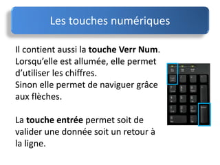 Il contient aussi la touche Verr Num.
Lorsqu’elle est allumée, elle permet
d’utiliser les chiffres.
Sinon elle permet de naviguer grâce
aux flèches.
La touche entrée permet soit de
valider une donnée soit un retour à
la ligne.
Les touches numériques
 