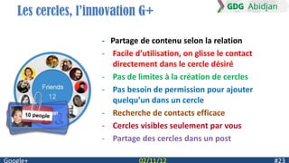 Les cercles, l’innovation G+

                 - Partage de contenu selon la relation
                 - Facile d’utilisation, on glisse le contact
                   directement dans le cercle désiré
                 - Pas de limites à la création de cercles
                 - Pas besoin de permission pour ajouter
                   quelqu’un dans un cercle
                 - Recherche de contacts efficace
                 - Cercles visibles seulement par vous
                 - Partage des cercles dans un post
 