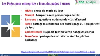 Les Pages pour entreprises : Trucs des pages à succès

              - H&M : photo de mode du jour
              - Marvel : hangouts avec personnages de film
              - Samsung : questions et demande + 1 si d’accord
              - Ford : partage les contenus des autres pages G+ qui parlent
                de Ford
              - Comcastcares : support technique via hangouts et chat
              - TeamCoco : partage des extraits de sketchs, photos
                backstage


              http://searchenginewatch.com/article/2152861/Social-Media-Insight-from-6-Successful-Brands-on-Google
 