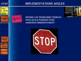 Lean   Implémentations Agiles
                                        Lanterne
                                       portable
                                        en papier
                                       porté par
                                               un
                                          bambou
       Rendre les problèmes visibles
       pour qu’ils puissent être
       adressés immédiatement
 