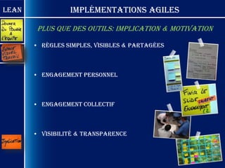 Lean             Implémentations Agiles

        Plus que des outils: implication & motivation

       • Règles simples, visibles & partagées



       • Engagement personnel



       • Engagement collectif



       • Visibilité & transparence
 