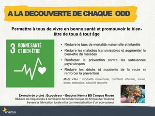 • Réduire le taux de mortalité maternelle et infantile
• Réduire les maladies transmissibles et augmenter le
bien-être de malades
• Renforcer la prévention contre les substances
psychotropes
• Réduire les décès et accidents de la route et
renforcer la prévention
Exemple de projet : Ecocuiseur – Enactus Neoma BS Campus Rouen
Réduire les risques liés à l’émission de fumée toxique en Afrique de l’Ouest à
travers la fabrication locale et la commercialisation d’un eco-cuiseur
Permettre à tous de vivre en bonne santé et promouvoir le bien-
être de tous à tout âge
Mots clés : mortalité maternelle, mortalité infantile, santé,
soins, maladies, sécurité routière
ALADECOUVERTEDECHAQUE ODD
 