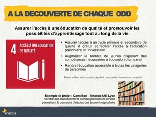 • Assurer l’accès à un cycle primaire et secondaire de
qualité et gratuit et faciliter l’accès à l’éducation
préscolaire et universitaire
• Augmenter le nombre de jeunes disposant des
compétences nécessaires à l’obtention d’un travail
• Rendre l’éducation accessible à toutes les catégories
de personnes
Exemple de projet : Caméléon – Enactus IAE Lyon
Vendre aux établissements d’enseignement un service
permettant la poursuite d’études des jeunes hospitalisés
Assurer l’accès à une éducation de qualité et promouvoir les
possibilités d’apprentissage tout au long de la vie
Mots clés : éducation, égalité, scolarité, formation, emploi
ALADECOUVERTEDECHAQUE ODD
 