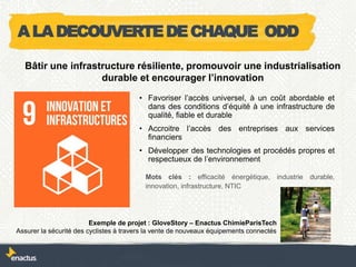 • Favoriser l’accès universel, à un coût abordable et
dans des conditions d’équité à une infrastructure de
qualité, fiable et durable
• Accroitre l’accès des entreprises aux services
financiers
• Développer des technologies et procédés propres et
respectueux de l’environnement
Exemple de projet : GloveStory – Enactus ChimieParisTech
Assurer la sécurité des cyclistes à travers la vente de nouveaux équipements connectés
Bâtir une infrastructure résiliente, promouvoir une industrialisation
durable et encourager l’innovation
Mots clés : efficacité énergétique, industrie durable,
innovation, infrastructure, NTIC
ALADECOUVERTEDECHAQUE ODD
 