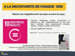 • Favoriser l’intégration sociale, économique et
politique de tous, indépendamment de leur âge,
sexe, handicap, race, appartenance ethnique,
origines, religion ou statut économique
• Assurer l’égalité des chances
Exemple de projet : Zoom – Enactus Mines de Nancy
Proposer aux entreprises une application pour rendre audibles les informations
écrites et renforcer leur offre auprès des personnes malvoyantes
Réduire les inégalités dans les pays et entre les pays
Mots clés : autonomie, intégration, égalité des chances
ALADECOUVERTEDECHAQUE ODD
 