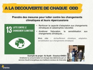 • Renforcer la capacité d'adaptation aux changements
climatiques et catastrophes naturelles
• Améliorer l'éducation, la sensibilisation aux
changements climatiques…
Exemple de projet : Ec’Audit – Enactus ENSE3
Améliorer la consommation en énergie des bâtiments par un
service d’audit énergétique aux bailleurs sociaux de Grenoble
Prendre des mesures pour lutter contre les changements
climatiques et leurs répercussions
Mots clés : réchauffement climatique, adaptation,
sensibilisation aux changements climatiques
ALADECOUVERTEDECHAQUE ODD
 