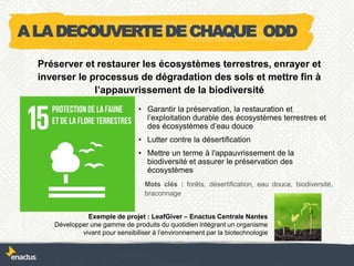 • Garantir la préservation, la restauration et
l’exploitation durable des écosystèmes terrestres et
des écosystèmes d’eau douce
• Lutter contre la désertification
• Mettre un terme à l'appauvrissement de la
biodiversité et assurer le préservation des
écosystèmes
Exemple de projet : LeafGiver – Enactus Centrale Nantes
Développer une gamme de produits du quotidien intégrant un organisme
vivant pour sensibiliser à l’environnement par la biotechnologie
Préserver et restaurer les écosystèmes terrestres, enrayer et
inverser le processus de dégradation des sols et mettre fin à
l’appauvrissement de la biodiversité
Mots clés : forêts, désertification, eau douce, biodiversité,
braconnage
ALADECOUVERTEDECHAQUE ODD
 