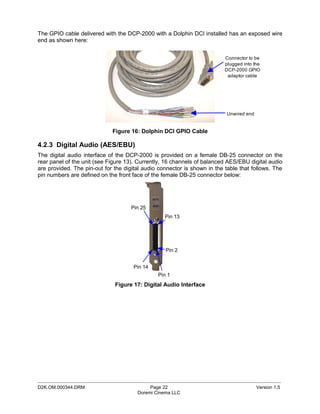 The GPIO cable delivered with the DCP-2000 with a Dolphin DCI installed has an exposed wire
end as shown here:


                                                                          Connector to be
                                                                          plugged into the
                                                                          DCP-2000 GPIO
                                                                           adaptor cable




                                                                          Unwired end


                             Figure 16: Dolphin DCI GPIO Cable

4.2.3 Digital Audio (AES/EBU)
The digital audio interface of the DCP-2000 is provided on a female DB-25 connector on the
rear panel of the unit (see Figure 13). Currently, 16 channels of balanced AES/EBU digital audio
are provided. The pin-out for the digital audio connector is shown in the table that follows. The
pin numbers are defined on the front face of the female DB-25 connector below:




                                     Pin 25
                                                  Pin 13




                                                  Pin 2


                                      Pin 14
                                               Pin 1
                              Figure 17: Digital Audio Interface




_____________________________________________________________________________________________
D2K.OM.000344.DRM                           Page 22                                     Version 1.5
                                       Doremi Cinema LLC
 