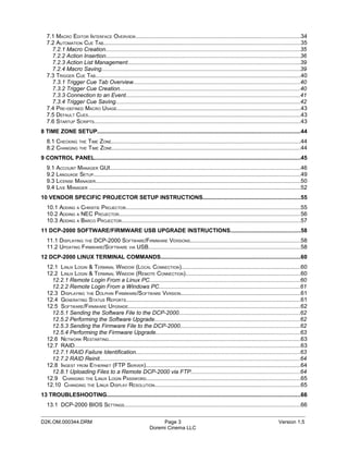 7.1 MACRO EDITOR INTERFACE OVERVIEW.......................................................................................................34
   7.2 AUTOMATION CUE TAB...........................................................................................................................35
     7.2.1 Macro Creation..........................................................................................................................35
     7.2.2 Action Insertion..........................................................................................................................36
     7.2.3 Action List Management............................................................................................................39
     7.2.4 Macro Saving............................................................................................................................39
   7.3 TRIGGER CUE TAB.................................................................................................................................40
     7.3.1 Trigger Cue Tab Overview........................................................................................................40
     7.3.2 Trigger Cue Creation.................................................................................................................40
     7.3.3 Connection to an Event.............................................................................................................41
     7.3.4 Trigger Cue Saving....................................................................................................................42
   7.4 PRE-DEFINED MACRO USAGE...................................................................................................................43
   7.5 DEFAULT CUES.....................................................................................................................................43
   7.6 STARTUP SCRIPTS.................................................................................................................................43
8 TIME ZONE SETUP...............................................................................................................................44
   8.1 CHECKING THE TIME ZONE......................................................................................................................44
   8.2 CHANGING THE TIME ZONE......................................................................................................................44
9 CONTROL PANEL.................................................................................................................................45
   9.1 ACCOUNT MANAGER GUI.......................................................................................................................46
   9.2 LANGUAGE SETUP..................................................................................................................................49
   9.3 LICENSE MANAGER................................................................................................................................50
   9.4 LIVE MANAGER ....................................................................................................................................52
10 VENDOR SPECIFIC PROJECTOR SETUP INSTRUCTIONS.............................................................55
   10.1 ADDING A CHRISTIE PROJECTOR.............................................................................................................55
   10.2 ADDING A NEC PROJECTOR..................................................................................................................56
   10.3 ADDING A BARCO PROJECTOR................................................................................................................57
11 DCP-2000 SOFTWARE/FIRMWARE USB UPGRADE INSTRUCTIONS............................................58
   11.1 DISPLAYING THE DCP-2000 SOFTWARE/FIRMWARE VERSIONS.....................................................................58
   11.2 UPDATING FIRMWARE/SOFTWARE VIA USB...............................................................................................58
12 DCP-2000 LINUX TERMINAL COMMANDS.......................................................................................60
   12.1 LINUX LOGIN & TERMINAL WINDOW (LOCAL CONNECTION)...........................................................................60
   12.2 LINUX LOGIN & TERMINAL WINDOW (REMOTE CONNECTION)........................................................................60
     12.2.1 Remote Login From a Linux PC..............................................................................................60
     12.2.2 Remote Login From a Windows PC........................................................................................61
   12.3 DISPLAYING THE DOLPHIN FIRMWARE/SOFTWARE VERSION...........................................................................61
   12.4 GENERATING STATUS REPORTS.............................................................................................................61
   12.5 SOFTWARE/FIRMWARE UPGRADE............................................................................................................62
     12.5.1 Sending the Software File to the DCP-2000............................................................................62
     12.5.2 Performing the Software Upgrade...........................................................................................62
     12.5.3 Sending the Firmware File to the DCP-2000...........................................................................62
     12.5.4 Performing the Firmware Upgrade..........................................................................................63
   12.6 NETWORK RESTARTING........................................................................................................................63
   12.7 RAID..............................................................................................................................................63
     12.7.1 RAID Failure Identification.......................................................................................................63
     12.7.2 RAID Reinit..............................................................................................................................64
   12.8 INGEST FROM ETHERNET (FTP SERVER).................................................................................................64
     12.8.1 Uploading Files to a Remote DCP-2000 via FTP....................................................................64
   12.9 CHANGING THE LINUX LOGIN PASSWORD.................................................................................................65
   12.10 CHANGING THE LINUX DISPLAY RESOLUTION...........................................................................................65
13 TROUBLESHOOTING.........................................................................................................................66
   13.1 DCP-2000 BIOS SETTINGS..............................................................................................................66
_____________________________________________________________________________________________
D2K.OM.000344.DRM                                                   Page 3                                                                 Version 1.5
                                                               Doremi Cinema LLC
 