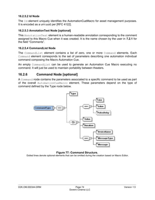 16.2.5.2 Id Node
The Id element uniquely identifies the AutomationCueMacro for asset management purposes.
It is encoded as a urn:uuid per [RFC 4122].

16.2.5.3 AnnotationText Node [optional]
This AnnotationText element is a human-readable annotation corresponding to the comment
assigned to this Macro Cue when it was created. It is the name chosen by the user in 7.2.1 for
the field “Comments”.

16.2.5.4 CommandList Node
The CommandList element contains a list of zero, one or more Command elements. Each
Command element corresponds to the set of parameters describing one automation individual
command composing the Macro Automation Cue.
An empty CommandList can be used to generate an Automation Cue Macro executing no
command. It will just be used to maintain portability between theaters.

16.2.6         Command Node [optional]
A Command node contains the parameters associated to a specific command to be used as part
of the overall AutomationCueMacro element. These parameters depend on the type of
command defined by the Type node below.




                                   Figure 77: Command Structure.
      Dotted lines denote optional elements that can be omitted during the creation based on Macro Editor.




_____________________________________________________________________________________________
D2K.OM.000344.DRM                                    Page 74                                         Version 1.5
                                                Doremi Cinema LLC
 