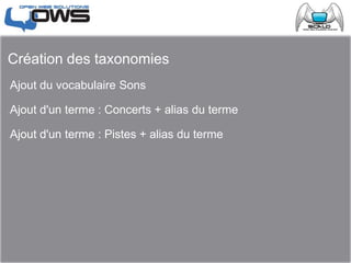 Création des taxonomies
Ajout du vocabulaire Sons
Ajout d'un terme : Concerts + alias du terme
Ajout d'un terme : Pistes + alias du terme
 