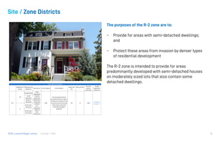 Consigli / HGADCPL Lamond Riggs Library
Site / Zone Districts
10
The purposes of the R-2 zone are to:
- Provide for areas with semi-detached dwellings;
and
- Protect these areas from invasion by denser types
of residential development
The R-2 zone is intended to provide for areas
predominantly developed with semi-detached houses
on moderately sized lots that also contain some
detached dwellings.
 