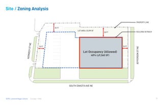 Consigli / HGADCPL Lamond Riggs Library
SOUTH DAKOTA AVE NE
JEFFERSONSTNE
20 FT
20 FT
15 FT 15 FT
Lot Occupancy (Allowed)
40% (±9,360 SF)
11
Site / Zoning Analysis
PROPERTY LINE
BUILDING SETBACK
LOT AREA: 23,399 SF
 