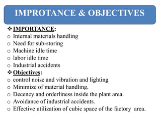 IMPORTANCE:
o Internal materials handling
o Need for sub-storing
o Machine idle time
o labor idle time
o Industrial accidents
Objectives:
o control noise and vibration and lighting
o Minimize of material handling.
o Decency and orderliness inside the plant area.
o Avoidance of industrial accidents.
o Effective utilization of cubic space of the factory area.
IMPROTANCE & OBJECTIVES
 