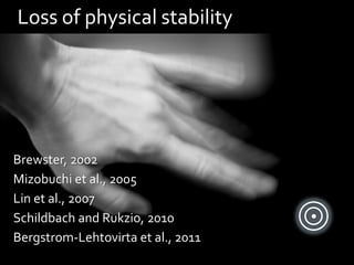 Loss of physical stability




Brewster, 2002
Mizobuchi et al., 2005
Lin et al., 2007
Schildbach and Rukzio, 2010
Bergstrom-Lehtovirta et al., 2011
 