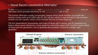 • Diesel Electric Locomotive Alternator:
In later diesel electric locomotives and diesel electric multiple units, the prime mover turns an
alternator which provides electricity for the traction motors (AC or DC).
The traction alternator usually incorporates integral silicon diode rectifiers to provide the
traction motors with up to 1200 volts DC (DC traction, which is used directly) or the common
inverter bus (AC traction, which is first inverted from dc to three-phase ac).
The first diesel electric locomotives, and many of those still in service, use DC generators as,
before silicon power electronics, it was easier to control the speed of DC traction motors. Most
of these had two generators: one to generate the excitation current for a larger main
generator.
 