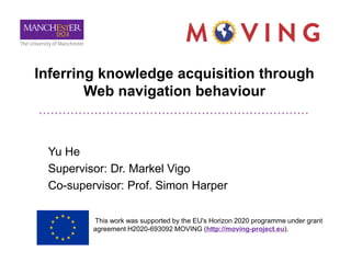 Inferring knowledge acquisition through
Web navigation behaviour
Yu He
Supervisor: Dr. Markel Vigo
Co-supervisor: Prof. Simon Harper
This work was supported by the EU's Horizon 2020 programme under grant
agreement H2020-693092 MOVING (http://moving-project.eu).
 