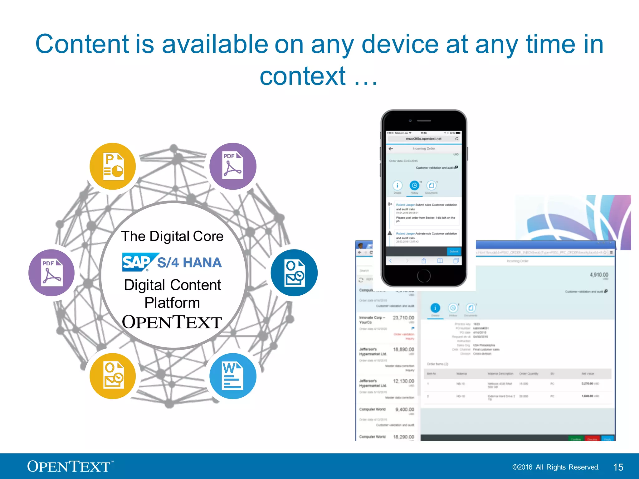 OpenText Confidential. ©2016 All Rights Reserved. 15
Content such as …
• Incoming delivery
notes
• Order confirmation
• Supplier statements
• PR and PO monitor
• Approval change of
master data
• Service Entry Sheet
• Work orders
• Contracts
• Order / shipment
documents
• Failure Report
• Incident Report
• Inspection Notes
• Technical
Documentation
• Mailroom for HR forms
• Sick notes
• I-9
• Certificates
• Driver License
• CV
• Applications
• Incoming sales order
• Incoming customer
statements
• Contracts
• Customer Returns
• Receipts
• Guarantees
 