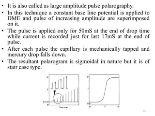 • It is also called as large amplitude pulse polarography.
• In this technique a constant base line potential is applied to
DME and pulse of increasing amplitude are superimposed
on it.
• The pulse is applied only for 50mS at the end of drop time
while current is recorded just for last 17mS at the end of
pulse.
• After each pulse the capillary is mechanically tapped and
mercury drop falls down.
• The resultant polarogram is sigmoidal in nature but it is of
stair case type.
15
 