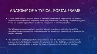 ANATOMY OF A TYPICAL PORTAL FRAME
• A portal frame building comprises a series of transverse frames braced longitudinally....