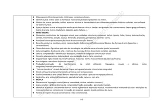 110
● Máscaras em diferentes períodos históricos e contextos culturais.
● Identificação e análise sobre as formas de representação teatral presentes nas mídias.
● História do teatro: períodos, estilos, aspectos técnicos e formas teatrais em diferentes contextos histórico-culturais, com enfoque
no teatro mundial.
● Espaços da cena teatral ao longo dos séculos e em diversas culturas, desde a antiguidade até o renascimento (teatro grego,anfiteatro,
teatro de arena, teatro elisabetano, tablados, palco italiano…).
 ARTES VISUAIS
● Elementos constitutivos da linguagem visual, suas unidades estruturais costumam incluir: (ponto, linha, forma, textura,direção,
sentido, movimento, posição, espaço, dimensão, proporção, perspectiva, volume e cores).
● Princípios básicos para composição visual de uma construção de arte;
● Desenho, pintura e escultura, como representações bidimensional/tridimensional básicas das formas de arte (aspectos e
características).
● Obras abstratas e figurativas pelo viés das tecnologias, de pinturas secas e úmidas (pastel e aquarela).
● Leitura imagética de obras de arte e releitura das mesmas, dentro do contexto temático abordado.
● Leitura, compreensão e identificação dos signos, símbolos e códigos da comunicação visual.
● Conceito, planejamento e elaboração de uma instalação de arte /arte conceitual.
● Singularidade e pluralidade na arte africana das ´máscaras´ (forma mais conhecida da plástica africana).
● Arte indígena e os valores da pintura corporal.
● Produção/construção de (performance na arte) utilizando linguagens visuais e cênicas (artes
integradas/interdisciplinaridade).
● ´´Leitura dramática´´ através do textual (língua portuguesa) visual e cênico (artes integradas).
● Street art/ou arte urbana (intervenções artísticas com temas sociais);
● Grafite (vertente da arte urbana de forte expressão que utiliza a pintura em espaços públicos).
● Land art ou arte ambiental/movimento pautado na fusão; natureza com arte.
 MÚSICA
● Elementos da linguagem musical (altura, intensidade, timbre, melodia, ritmo etc.).
● Jogos, canções e práticas diversas de composição/criação, execução e apreciação musicais.
● Identificar e apreciar criticamente diversas formas e gêneros de expressão musical, reconhecendo e analisando os usos e asfunções da
música em diversos contextos de circulação, em especial, aqueles da vida cotidiana do aluno.
● Formas de registro musical (convencional e não convencional).
 