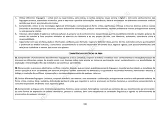 116
4. Utilizar diferentes linguagens – verbal (oral ou visual-motora, como Libras, e escrita), corporal, visual, sonora e digital –, bem como conhecimentos das
linguagens artística, matemática e científica, para se expressar e partilhar informações, experiências, ideias e sentimentos em diferentes contextos e produzir
sentidos que levem ao entendimento mútuo.
5. Compreender, utilizar e criar tecnologias digitais de informação e comunicação de forma crítica, significativa, reflexiva e ética nas diversas práticas sociais
(incluindo as escolares) para se comunicar, acessar e disseminar informações, produzir conhecimentos, resolver problemas e exercer protagonismo e autoria
na vida pessoal e coletiva.
6. Valorizar a diversidade de saberes e vivências culturais e apropriar-se de conhecimentos e experiências que lhe possibilitem entender as relações próprias do
mundo do trabalho e fazer escolhas alinhadas ao exercício da cidadania e ao seu projeto de vida, com liberdade, autonomia, consciência crítica e
responsabilidade.
7. Argumentar com base em fatos, dados e informações confiáveis, para formular, negociar e defender ideias, pontos de vista e decisões comuns que respeitem
e promovam os direitos humanos, a consciência socioambiental e o consumo responsável em âmbito local, regional e global, com posicionamento ético em
relação ao cuidado de si mesmo, dos outros e do planeta.
COMPETÊNCIAS ESPECÍFICAS DA ÁREA
C1. Compreender o funcionamento das diferentes linguagens e práticas (artísticas, corporais e verbais) e mobilizar esses conhecimentos na recepçãoe produção de
discursos nos diferentes campos de atuação social e nas diversas mídias, para ampliar as formas de participação social, o entendimento e as possibilidades de
explicação e interpretação crítica da realidade e para continuar aprendendo.
C2. Compreender os processos identitários, conflitos e relações de poder que permeiam as práticas sociais de linguagem, respeitar as diversidades, a pluralidade de
ideias e posições e atuar socialmente com base em princípios e valores assentados na democracia, na igualdade e nos Direitos Humanos, exercitando a empatia, o
diálogo, a resolução de conflitos e a cooperação, e combatendo preconceitos de qualquer natureza.
C3. Utilizar diferentes linguagens (artísticas, corporais e verbais) para exercer, com autonomia e colaboração, protagonismo e autoria na vida pessoale coletiva, de
forma crítica, criativa, ética e solidária, defendendo pontos de vista que respeitem o outro e promovam os Direitos Humanos, a consciência socioambiental e o
consumo responsável, em âmbito local, regional e global.
C4. Compreender as línguas como fenômeno (geo)político, histórico, social, variável, heterogêneo e sensível aos contextos de uso, reconhecendo-ase vivenciando-
as como formas de expressões de valores identitárias, pessoais e coletivas, bem como respeitando as variedades linguísticas e agindo no enfrentamento de
preconceitos de qualquer natureza.
 