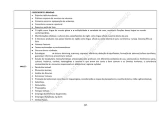 125
EIXO ESPORTES RADICAIS
 Esportes radicais urbanos.
 Práticas corporais de aventura na natureza.
 Primeiros socorros e prevenção de acidentes.
 Consciência corporal e postural.
 Esporte e estilo de Vida.
INGLÊS
 O inglês como língua do mundo global e a multiplicidade e variedade de usos, usuários e funções dessa língua no mundo
contemporâneo.
 Manifestações artísticas e culturais dos países falantes do inglês como língua oficial ou como idioma de jure.
 A literatura produzida nos países falantes do inglês como língua oficial ou como idioma de jure, na América, Europa, Oceania,África e
Ásia.
 Gêneros Textuais.
 Textos multimodais ou multissemióticos.
 Discurso direto e indireto.
 Estratégias de leitura: skimming, scanning, cognatos, inferência, dedução de significados, formação de palavras (sufixos eprefixos);
guessing / inferência pronominal e textual.
 Estudo de Vocabulário: textos/temáticas selecionados pelo professor, em diferentes contextos de uso, valorizando os fenômenos social,
cultural, histórico, variável, heterogêneo e sensível e que levem em conta o bem comum e os Direitos Humanos, a consciência
socioambiental e o consumo responsável em âmbito local, regional e global.
 Semântica textual.
 Elementos lexicais;
 Análise do discurso.
 Estruturas Textuais.
 Produção de textos orais e escritos em língua inglesa, considerando as etapas de planejamento, escolha do tema, mídia e gênerotextual,
 Advérbios,
 Conjunções.
 Preposições.
 Tempos Verbais.
 Emprego do infinitivo e do gerúndio.
 Emprego e funções da ing-form.
 Verbos frasais.
 