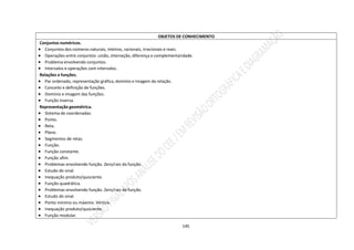 145
OBJETOS DE CONHECIMENTO
Conjuntos numéricos.
 Conjuntos dos números naturais, inteiros, racionais, irracionais e reais.
 Operações entre conjuntos: união, interseção, diferença e complementaridade.
 Problema envolvendo conjuntos.
 Intervalos e operações com intervalos.
Relações e funções.
 Par ordenado, representação gráfica, domínio e imagem da relação.
 Conceito e definição de funções.
 Domínio e imagem das funções.
 Função inversa.
Representação geométrica.
 Sistema de coordenadas.
 Ponto.
 Reta.
 Plano.
 Segmentos de retas.
 Função.
 Função constante.
 Função afim.
 Problemas envolvendo função. Zero/raiz da função.
 Estudo do sinal.
 Inequação produto/quociente.
 Função quadrática.
 Problemas envolvendo função. Zero/raiz da função.
 Estudo do sinal.
 Ponto mínimo ou máximo. Vértice.
 Inequação produto/quociente.
 Função modular.
 
