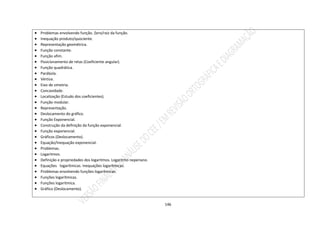 146
 Problemas envolvendo função. Zero/raiz da função.
 Inequação produto/quociente.
 Representação geométrica.
 Função constante.
 Função afim.
 Posicionamento de retas (Coeficiente angular).
 Função quadrática.
 Parábola.
 Vértice.
 Eixo de simetria.
 Concavidade.
 Localização (Estudo dos coeficientes).
 Função modular.
 Representação.
 Deslocamento do gráfico.
 Função Exponencial.
 Construção da definição da função exponencial.
 Função exponencial.
 Gráficos (Deslocamento).
 Equação/Inequação exponencial.
 Problemas.
 Logaritmos.
 Definição e propriedades dos logaritmos. Logaritmo neperiano.
 Equações logarítmicas. Inequações logarítmicas.
 Problemas envolvendo funções logarítmicas.
 Funções logarítmicas.
 Funções logarítmica.
 Gráfico (Deslocamento).
 