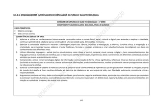 162
8.1.3.1. ORGANIZADORES CURRICULARES DE CIÊNCIAS DA NATUREZA E SUAS TECNOLOGIAS
CIÊNCIAS DA NATUREZA E SUAS TECNOLOGIAS – 1ª SÉRIE
COMPONENTES CURRICULARES: BIOLOGIA, FÍSICA E QUÍMICA
EIXOS TEMÁTICOS:
 Matéria e energia
 Vida ,Terra e cosmos
COMPETÊNCIAS GERAIS DA BNCC
1. Valorizar e utilizar os conhecimentos historicamente construídos sobre o mundo físico, social, cultural e digital para entender e explicar a realidade,
continuar aprendendo e colaborar para a construção de uma sociedade justa, democrática e inclusiva.
2. Exercitar a curiosidade intelectual e recorrer à abordagem própria das ciências, incluindo a investigação, a reflexão, a análise crítica, a imaginação e a
criatividade, para investigar causas, elaborar e testar hipóteses, formular e resolver problemas e criar soluções (inclusive tecnológicas) com base nos
conhecimentos das diferentes áreas.
3. Utilizar diferentes linguagens – verbal (oral ou visual-motora, como Libras, e escrita), corporal, visual, sonora e digital –, bem comoconhecimentos das
linguagens artística, matemática e científica, para seexpressar e partilhar informações, experiências, ideias e sentimentos em diferentes contextos e produzir
sentidos que levem ao entendimento mútuo.
4. Compreender, utilizar e criar tecnologias digitais de informação e comunicação de forma crítica, significativa, reflexiva e ética nas diversas práticas sociais
(incluindo as escolares) para se comunicar, acessar e disseminar informações, produzir conhecimentos, resolver problemas e exercer protagonismo e autoria
na vida pessoal e coletiva.
5. Valorizar a diversidade de saberes e vivências culturais e apropriar-se de conhecimentos e experiências que lhe possibilitem entender as relações próprias
do mundo do trabalho e fazer escolhas alinhadas ao exercício da cidadania e ao seu projeto de vida, com liberdade, autonomia, consciência crítica e
responsabilidade.
6. Argumentar com base em fatos, dados e informações confiáveis, para formular, negociar e defender ideias, pontos de vista e decisões comuns que respeitem
e promovam os direitos humanos, a consciência socioambiental e o consumo responsável em âmbito local, regional e global, com posicionamento ético em
relação ao cuidado de si mesmo, dos outros e do planeta.
 