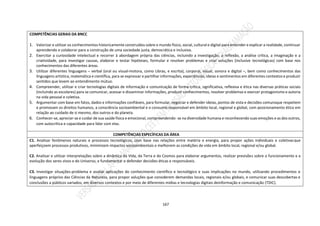 167
COMPETÊNCIAS GERAIS DA BNCC
1. Valorizar e utilizar os conhecimentos historicamente construídos sobre o mundo físico, social, cultural e digital para entender e explicar a realidade, continuar
aprendendo e colaborar para a construção de uma sociedade justa, democrática e inclusiva.
2. Exercitar a curiosidade intelectual e recorrer à abordagem própria das ciências, incluindo a investigação, a reflexão, a análise crítica, a imaginação e a
criatividade, para investigar causas, elaborar e testar hipóteses, formular e resolver problemas e criar soluções (inclusive tecnológicas) com base nos
conhecimentos das diferentes áreas.
3. Utilizar diferentes linguagens – verbal (oral ou visual-motora, como Libras, e escrita), corporal, visual, sonora e digital –, bem como conhecimentos das
linguagens artística, matemática e científica, para se expressar e partilhar informações, experiências, ideias e sentimentos em diferentes contextos e produzir
sentidos que levem ao entendimento mútuo.
4. Compreender, utilizar e criar tecnologias digitais de informação e comunicação de forma crítica, significativa, reflexiva e ética nas diversas práticas sociais
(incluindo as escolares) para se comunicar, acessar e disseminar informações, produzir conhecimentos, resolver problemas e exercer protagonismo e autoria
na vida pessoal e coletiva.
5. Argumentar com base em fatos, dados e informações confiáveis, para formular, negociar e defender ideias, pontos de vista e decisões comunsque respeitem
e promovam os direitos humanos, a consciência socioambiental e o consumo responsável em âmbito local, regional e global, com posicionamento ético em
relação ao cuidado de si mesmo, dos outros e do planeta.
6. Conhecer-se, apreciar-se e cuidar de sua saúde física e emocional, compreendendo- se na diversidade humana e reconhecendo suas emoções e as dos outros,
com autocrítica e capacidade para lidar com elas.
COMPETÊNCIAS ESPECÍFICAS DA ÁREA
C1. Analisar fenômenos naturais e processos tecnológicos, com base nas relações entre matéria e energia, para propor ações individuais e coletivasque
aperfeiçoem processos produtivos, minimizem impactos socioambientais e melhorem as condições de vida em âmbito local, regional e/ou global.
C2. Analisar e utilizar interpretações sobre a dinâmica da Vida, da Terra e do Cosmos para elaborar argumentos, realizar previsões sobre o funcionamento e a
evolução dos seres vivos e do Universo, e fundamentar e defender decisões éticas e responsáveis.
C3. Investigar situações-problema e avaliar aplicações do conhecimento científico e tecnológico e suas implicações no mundo, utilizando procedimentos e
linguagens próprios das Ciências da Natureza, para propor soluções que considerem demandas locais, regionais e/ou globais, e comunicar suas descobertas e
conclusões a públicos variados, em diversos contextos e por meio de diferentes mídias e tecnologias digitais deinformação e comunicação (TDIC).
 