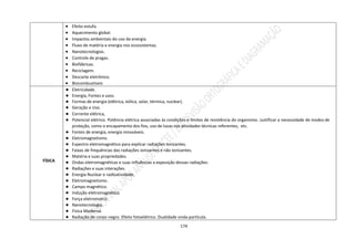 174
 Efeito estufa.
 Aquecimento global.
 Impactos ambientais do uso da energia.
 Fluxo de matéria e energia nos ecossistemas.
 Nanotecnologias.
 Controle de pragas.
 Biofábricas.
 Reciclagem.
 Descarte eletrônico.
 Biocombustíveis
FÍSICA
● Eletricidade.
● Energia, Fontes e usos.
● Formas de energia (elétrica, eólica, solar, térmica, nuclear).
● Geração e Uso.
● Corrente elétrica,
● Potencial elétrico. Potência elétrica associadas às condições e limites de resistência do organismo. Justificar a necessidade de modos de
proteção, como o encapamento dos fios, uso de luvas nas atividades técnicas referentes, etc.
● Fontes de energia, energia renováveis.
● Eletromagnetismo.
● Espectro eletromagnético para explicar radiações ionizantes.
● Faixas de frequências das radiações ionizantes e não ionizantes.
● Matéria e suas propriedades.
● Ondas eletromagnéticas e suas influências a exposição dessas radiações.
● Radiações e suas interações.
● Energia Nuclear e radioatividade.
● Eletromagnetismo.
● Campo magnético.
● Indução eletromagnética.
● Força eletromotriz.
● Nanotecnologia.
● Física Moderna.
● Radiação do corpo negro. Efeito fotoelétrico. Dualidade onda-partícula.
 