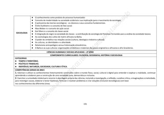 191
SOCIOLOGIA
● O conhecimento como produto do processo humanizador.
● Conceito de modernidade na sociedade ocidental e sua implicação para o nascimento da sociologia.
● A polissemia das teorias sociológicas - os clássicos e seus conceitos fundamentais.
● Émile Durkheim e o conceito de fato social.
● Max Weber e o conceito de ação social.
● Karl Marx e o conceito de classe social.
● A integração do negro na sociedade de classes - a contribuição da sociologia de Florestan Fernandes para a análise da sociedade baiana.
● As cosmologias dos cultos de matriz africana na Bahia.
● O poder do simbólico nas relações sociais (cultura, ideologia e indústria cultural).
● As culturas, as identidades e a alteridade.
● Relativismo antropológico versus Colonização etnocêntrica.
● A Bahia e as suas culturas: organizações simbólicas e materiais dos povos originários e africanos e afro-brasileiros.
CIÊNCIAS HUMANAS E SOCIAIS APLICADAS – 2ª SÉRIE
COMPONENTES CURRICULARES: FILOSOFIA, GEOGRAFIA, HISTÓRIA E SOCIOLOGIA
CATEGORIAS
● TEMPO E TERRITÓRIO.
● POLÍTICA E TRABALHO.
● INDIVÍDUO, NATUREZA, SOCIEDADE, CULTURA E ÉTICA.
COMPETÊNCIAS GERAIS DA BNCC
1. Valorizar e utilizar os conhecimentos historicamente construídos sobre o mundo físico, social, cultural e digital para entender e explicar a realidade, continuar
aprendendo e colaborar para a construção de uma sociedade justa, democrática e inclusiva.
2. Exercitar a curiosidade intelectual e recorrer à abordagem própria das ciências, incluindo a investigação, a reflexão, a análise crítica, a imaginaçãoe a criatividade,
para investigar causas, elaborar e testar hipóteses, formular e resolver problemas e criar soluções (inclusive tecnológicas) com base
nos conhecimentos das diferentes áreas.
 