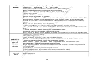 238
E DE LÁ
80 HORAS
Aspectos sociais, históricos, filosóficos e geográficos que influenciam as Literaturas.
Planejamento de experimentação de criação Literária.
Intertextualidade e interdiscursividade entre os textos das Literaturas Materna e Estrangeira.
A produção literária brasileira e seus cruzamentos com literaturas estrangeiras
Exercícios de literatura comparada: influências, fontes, intertextualidade, plágios.
Hibridismo cultural no Brasil.
Hibridismo cultural Brasil e outros países.
Sujeitos da literatura: do colonizador ao “colonizado”.
O cordel que eu já ouvi. O cordel que eu já li. Os temas do cordel. Conhecendo os autores de meu território. O cordel é o quê? Os
elementos sonoros e linguísticos do cordel. Fazendo um cordel. O que é Literatura? O cordel é literatura? A Literatura das
Sociedades de Culturas Orais e a Literatura das Sociedades de Culturas Escritas, seus/suas autores/as e seus/suas leitores/as
ouvintes.
Pesquisa e estudo de gêneros literários em suas multiplicidades.
As características de gêneros literários em contraste com outros gêneros textuais, consensos e dissensos.
Leitura e discussão de obras de autores regionais: Graciliano Ramos, Guimarães Rosa, Carlos Drummond de Andrade, Manoel de
Barros.
Os temas, as personagens, os tempos e os espaços dessas narrativas e desses poemas.
A estrutura de gêneros literários pesquisados e lidos. As escolas literárias.
Pesquisa e estudo de gêneros literários brasileiros: da Literatura Colonial ao Século XXI. As literaturas em Língua Portuguesa.
IDENTIDADES E
REPRESENTAÇÕES
DACULTURA
CORPORAL
80 HORAS
Expressão corporal e auto estima corporal;
Individualidade biológica e social;
Relações que a pessoa mantém com o próprio corpo e com asoutras pessoas;
Práticas de movimentos individuais (Atletismo, práticas circenses, antiginástica, musculação, ginástica holística ou outras);
Práticas corporais em pares (Futevôlei, frescobol, lutas, dançasde salão ou outras);
Práticas corporais coletivas (Basquetebol, futsal, hugby,basebol, voleibol, jogos populares ou outros);
Valores, ética, regras e relações sociais que permeiam aspráticas corporais;
Relações de gênero nas vivências e expressões corporais;Práticas corporais de relevância na comunidade local;Potencialidades
e limitações do corpo;
Fluxo de informações presentes nas representações da culturacorporal;
Condicionantes que dificultam/ facilitam o acesso às diversasmanifestações da cultura corporal;
Constituição da identidade corporal.
ELETIVA 80
HORAS
PRODUÇÃO DA ESCOLA.
 