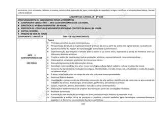243
seminários, júris simulados, debates e ensaios, construção e exposição de jogos, elaboração de resenhas e artigos científicos e composiçõesartísticas, festival
cultura corporal.
ARQUITETURA CURRICULAR – 3ª SÉRIE
APROFUNDAMENTO 01: LINGUAGENS E NOVOS LETRAMENTOS
● COMPONENTE OBRIGATÓRIO – ARTE E CONTEMPORANEIDADE- 120 HORAS.
● ESPECÍFICA 01: MY ENGLISH EXPERTISE - 80 HORAS.
● ESPECIFICA 02: LITERATURA E MOVIMENTOS SOCIAIS NO CONTEXTO DA BAHIA - 80 HORAS.
● ELETIVA: 80 HORAS.
● PROJETO DE VIDA: 40 HORAS
COMPONENTE CURRICULAR OBJETOS DE CONHECIMENTO
ARTE E
CONTEMPORANEIDADE
120 HORAS
Teatro
 Principais conceitos da cena contemporânea.
 Perspectiva(s) de leitura do espetáculo teatral: o estudo da cena a partir da análise dos signos teatrais na atualidade.
 Aprofundamento das noções de representação, teatralidade e performance.
 Experimentação das relações e tensões entre o teatro e as outras artes, explorando a perda de fronteiras entre os
diferentes domínios artísticos.
 Fruição e análise de espetáculos e outras produções artísticas, representativas da cena contemporânea.
 Elaboração de um projeto preliminar de intervenção cênica.
 Execução/apresentação de intervenções cênicas.
 Sociedade contemporânea e as artes: novas tecnologias,cultura digital, indústria cultural e cultura de massa.
 Conceitos fundamentais da mediação tecnológica: interatividade, imersão, tempo real, virtualidade e modos de atuação
no contexto atual.
 A ética e suas implicações no campo da arte e da culturana contemporaneidade.
 Autoria e Direitos Autorais.
 Investigação e compreensão das diferentes concepções de arte política; Identificação de como elas se apresentam em
trabalhos de artistas, dramaturgos, encenadores, performers, pensadores ou críticos.
 Corpos, negritude, gênero, diversidade e inclusão na cena contemporânea.
 Elaboração e experimentação de projetos de encenaçãoa partir das concepções estudadas.
 Realidade aumentada.
 A encenação com mediação tecnológica no Brasil,contextualização histórica e panorama atual.
 Compreensão e análise crítica de processos e produtos culturais mediados pelas tecnologias contemporâneasque
expandem as fronteiras convencionais dos campos artísticos.
 