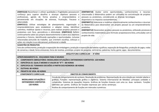 259
(EMIFCG10) Reconhecer e utilizar qualidades e fragilidades pessoaiscom
confiança para superar desafios e alcançar objetivos pessoais e
profissionais, agindo de forma proativa e empreendedora e
perseverando em situações de estresse, frustração, fracasso e
adversidade.
(EMIFCG11) Utilizar estratégias de planejamento, organização e
empreendedorismo para estabelecer e adaptar metas, identificar
caminhos, mobilizar apoios e recursos, para realizar projetos pessoais e
produtivos com foco, persistência e efetividade. (EMIFCG12) Refletir
continuamente sobre seu próprio desenvolvimento e sobre seus objetivos
presentes e futuros, identificando aspirações e oportunidades, inclusive
relacionadas aomundo do trabalho, que orientem escolhas, esforços e
ações em relação à sua vida pessoal, profissional e cidadã.
(EMIFMAT10) Avaliar como oportunidades, conhecimentos e recursos
relacionados à Matemática podem ser utilizados na concretização de projetos
pessoais ou produtivos, considerando as diversas tecnologias
disponíveis e os impactos socioambientais.
(EMIFMAT11) Selecionar e mobilizar intencionalmente conhecimentos e recursos
da Matemática para desenvolver um projeto pessoal ou um empreendimento
produtivo.
(EMIFMAT12) Desenvolver projetos pessoais ou produtivos, utilizando processos e
conhecimentos matemáticos para formular propostasconcretas, articuladas com o
projeto de vida.
SUGESTÃO DE PRODUTOS
Feira de conhecimento; produção e exposições de embalagens; produção e exposições de tabelas e gráficos; exposição de fotografias; produção de jogos; rodas
de conversa; e-book; livros artesanais; livros de receitas; protótipo; projeto de pesquisa; seminários; palestras; horta; game; apps; documentários.
ARQUITETURA CURRICULAR – 3ª SÉRIE
APROFUNDAMENTO 01: EDUCANDO PARA O MUNDO
 COMPONENTE OBRIGATÓRIO: MODELANDO SITUAÇÕES E ENTENDENDO CONTEXTOS -120 HORAS
 ESPECÍFICA 01: QUAL É MESMO O VALOR DE “X”? – 80 HORAS
 ESPECIFICA 02: TOMANDO DECISÕES A PARTIR DOS NÚMEROS- 80 HORAS
 ELETIVAS: 80 HORAS
 PROJETO DE VIDA: 40 HORAS
COMPONENTE CURRICULAR OBJETOS DE CONHECIMENTO
MODELANDO SITUAÇÕES E
ENTENDENDO CONTEXTOS
120 HORAS
Estudo do comportamento de variáveis. Resolução de problemas. Representação de uma relação por meiode tabelas e
gráficos. Funções: representação gráfica e algébrica. Sistema Internacional de Medidas: principais unidades e
conversões. Sistemas de equações lineares. Gráficos de funções lineares com uma ou duas variáveis. Funções
definidas por partes. Gráficos de funções expressas por várias sentenças.
Análise do comportamento de funções em intervalos numéricos.
 
