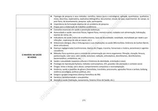 271
● Tipologia de pesquisa e seus métodos: científica, básica (pura e estratégica), aplicada, quantitativa, qualitativa,
mista, descritiva, exploratória, explicativa bibliográfica, documental, estudo de caso, experimental, de campo, ex
post facto, de levantamento, pesquisa- ação, participante.
● Importância da formulação objetiva de um problema de pesquisa.
● Etapas para a elaboração de trabalhos acadêmicos.
O INVISÍVEL NA SAÚDE
80 HORAS
● Conceitos essenciais em saúde e prevenção àsdoenças.
● Autocuidado e saúde: exercícios físicos, higiene física, mental e social, cuidados com alimentação; hidratação;
exames de rotina, etc.
● Indicadores de saúde (índice de envelhecimento; taxas de fecundidade; natalidade; mortalidade por idade e por
infecções , esperança de vida ao nascer; etc.).
● Arboviroses (dengue, Zika e Chikungunya) e suas implicações na saúde (Microcefalia, Síndrome de Guillain Barret,
dores articulares).
● Doenças negligenciadas (Leishmaniose, doença de Chagas, tracoma, hanseníase e malária, parasitoses) e agentes
causadores.
● Métodos físico-químicos para o controle da contaminação por micro-organismos: filtração, cloração, fervura,
pasteurização, calor seco, calor úmido, autoclave, radiação, antissépticos, desinfetantes, desinfestantes,
bacteriostático, antibióticos, etc.
● Saúde e sexualidade (aspectos culturais e históricos da identidade, orientação e sexo).
● Fisiologia da reprodução humana, métodos contraceptivos, ISTs, gravidez não planejada e contexto social.
● Drogas: lícitas e ilícitas, uso e abuso, comportamento compulsivo e neuroadaptação.
● Violência, saúde e questões de gênero (homofobia, transfobia, preconceito, agressões físicas e verbais, bullying,
violência psicológica, políticas públicas, etc).
● Sangue e grupos sanguíneos (doença hemolítica do RN).
● Genética, hereditariedade e aneuploidias.
● Atenção à saúde (habitação, saneamento, Sistema Único de Saúde, etc.).
 