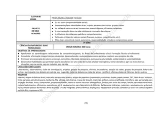 276
ELETIVA 80
HORAS
PRODUÇÃO DA UNIDADE ESCOLAR
PROJETO
DE VIDA
40 HORAS
 Eu e o outro (responsabilidade social):
 Representações e Identidades do eu, sujeito, em meus territórios: grupo e raízes.
 As visões de natureza e ser humano dos povos indígenas, africanos e orientais.
 A representação do eu na vida cotidiana e o conceito de estigma.
 A influência da mídia para padrões e comportamentos.
 Reflexões críticas dos valores sociais (fracasso, sucesso, ressentimento, etc.).
 Ética hoje: conceito de moral, autonomia, responsabilidade, virtudes e compromisso social.
3ª SÉRIE
CIÊNCIAS DA NATUREZA E SUAS
TECNOLOGIAS
CARGA HORÁRIA: 400 horas
OBJETIVOS DE APRENDIZAGEM:
● Aprofundar as aprendizagens relacionadas às competências gerais, às Áreas deConhecimento e/ou à Formação Técnica e Profissional.
● Consolidar a formação integral dos/as estudantes, desenvolvendo a autonomianecessária para que realizem seus projetos de vida.
● Promover aincorporaçãode valores universais, como ética, liberdade, democracia, justiçasocial, pluralidade, solidariedade e sustentabilidade.
● Desenvolver habilidades que permitam aos/às estudantes ter uma visão de mundo amplae heterogênea, tomar decisões e agir nas mais diversas
situações, seja na escola, seja no trabalho, seja na vida.
UNIDADES CURRICULARES
Laboratórios, observatórios, clube de investigação, projetos, grupos de pesquisa, oficinas, incubadoras, estação do saber, grupos de pesquisa, leitura dos
textos e participação nos debates em sala de aula (sugestão: clube de debates ou clube de leitura científica), oficinas,clubes de Ciências, dentre outros.
RECURSOS
Internet, mapas da Bahia e Brasil, marcador para quadro branco, artigos de papelaria (papelmetro, cartolinas, duplex, papel carmen, TNT, lápis de cor, hidrocor,
tintas variadas, pincéis,tesouras, barbante, fita adesiva, cola branca, massa de biscuit), materiais gráficos, caixa amplificada, microfone, sala apropriada para
projeção de slides, lousa, computador, projetormultimídia, textos e outros recursos bibliográficos, ônibus para aulas de campo, lanche paraaulas extraclasse,
custeio (palestrantes, oficineiros, expositores, etc.), equipamentos para laboratório de Ciências da Natureza (vidrarias, materiais e equipamentos próprios),
espaço maker (blocos de montar; ferro de solda; circuito integrado; prensa térmica; display LCD; fresadora de precisão; cortadora a laser; kits como ScopaBits
ou Little Bits; impressora 3D).
 