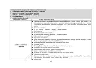 282
APROFUNDAMENTO 02: CONSUMO, ENERGIA E SUSTENTABILIDADE.
● COMPONENTE OBRIGATÓRIO: CIÊNCIA EM AÇÃO - 120 HORAS.
● ESPECÍFICA 01: PLANETA SUSTENTÁVEL - 80 HORAS.
● ESPECIFICA 02: ENERGIA E SOCIEDADE – 80 HORAS.
● ELETIVA: 80 HORAS
● PROJETO DE VIDA: 40 HORAS
COMPONENTE CURRICULAR OBJETOS DE CONHECIMENTO
PLANETA SUSTENTÁVEL
80 HORAS
● Causas e consequências dos impactos ambientais nos biomas baianos (Cerrado, Caatinga, Mata Atlântica e os
biomas Costeiro e Marinho): resíduos sólidos e de serviços de saúde, lixo inorgânico, poluição do ar e do solo,
chuvas ácidas, desmatamentos, queimadas, agrotóxicos, caça e pesca predatória, aquecimento global, efeito
estufa.
● Consumo sustentável.
● 5 Rs (reduzir, repensar, recusar, reciclar,reutilizar).
● Coleta seletiva.
● Política nacional de resíduos sólidos.
● A importância da econômica, ambiental e socialda reciclagem.
● Plásticos, vilão ou mocinho?
● Diga não ao microplástico.
● Ações sustentáveis para sobras e retalhos de tecidos (Renovar têxtil, Retalhar, Banco de tecido,etc). Tecidos
feitos com garrafas plásticas (Outerknown, Timberland);
● Reaproveitamento de óleo vegetal usado para a produção de sabão.
● Leitura de rótulos.
● Valorização das práticas de responsabilidade socioambiental das empresas.
● Importância do código de defesa do consumidor.
● Danos causados pelos produtos piratas e contrabandeados:
● Danos à saúde (ex: óculos de sol, bebidas, remédios).
● Acidentes (ex: peças para automóveis, brinquedos com peças que se soltam).
● Obsolescência programada.
● Consumo sustentável e proteção animal: teste em animais; canudos e copos reutilizáveis; foie gras; crueldade
com os animais; lei de proteção animal; comércio ilegal de animais.
● Biocentrismo.
 